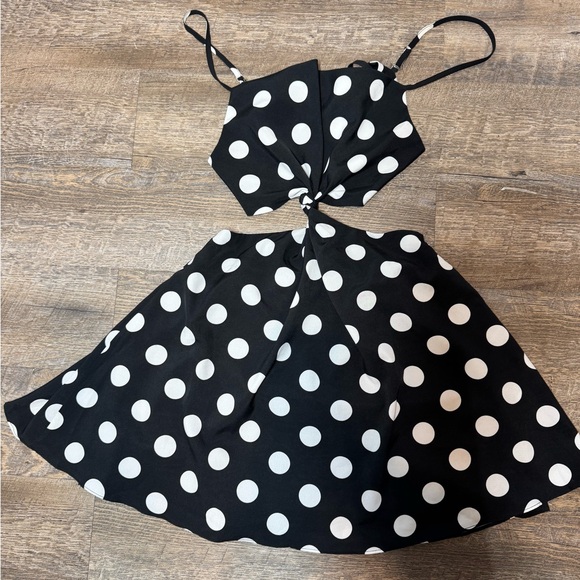 Vici Black Dress with White Polka Dots and Front Cutout - Picture 14 of 15